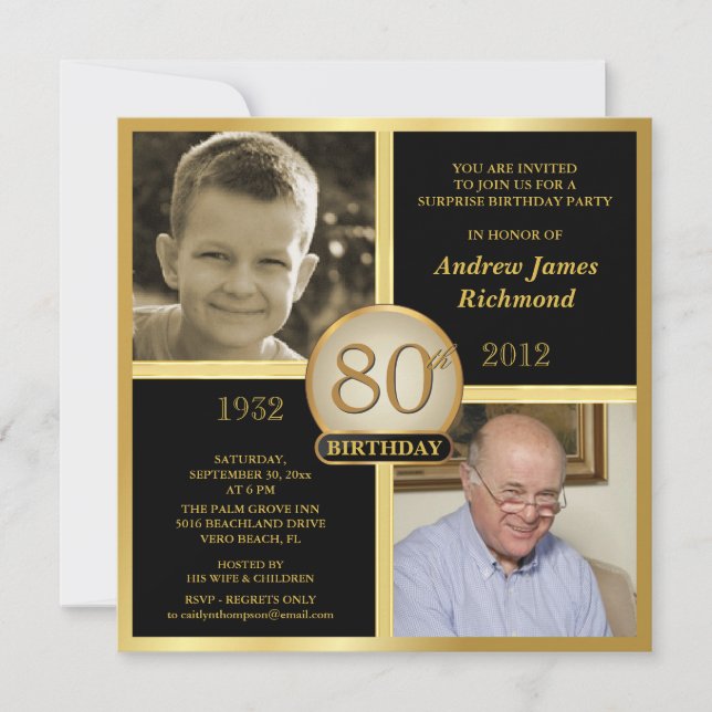 80th Birthday Invitations Then & Now 2 Photos (Front)