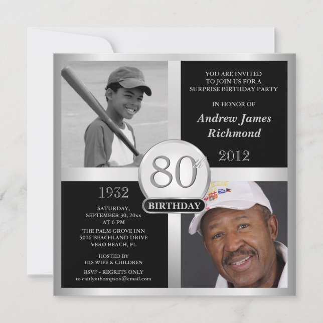 80th Birthday Invitations Then & Now 2 Photos (Front)
