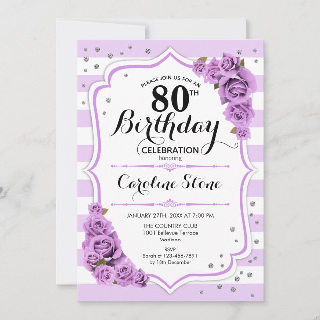 80th Birthday -  Lavender White Purple Flowers Invitation (Front)