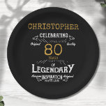 80th Birthday Legendary Black Gold Retro Paper Plate<br><div class="desc">For those celebrating their 80th birthday we have the ideal birthday party plates with a vintage feel. The black background with a white and gold vintage typography design design is simple and yet elegant with a retro feel. Easily customize the text of this birthday plate using the template provided. Part...</div>