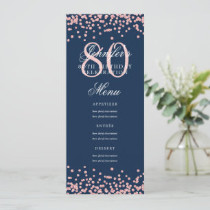 80th Birthday Menu Rose Gold Confetti Navy Blue Invitation
