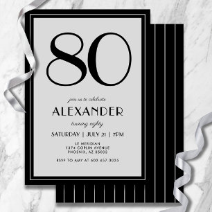 80th Birthday Modern Minimalist Mens Black Grey Invitation