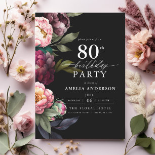 80th Birthday Modern Moody Burgundy Blush Floral Invitation