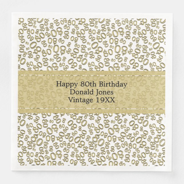 80th Birthday Modern Number Pattern Gold/White Napkin (Front)