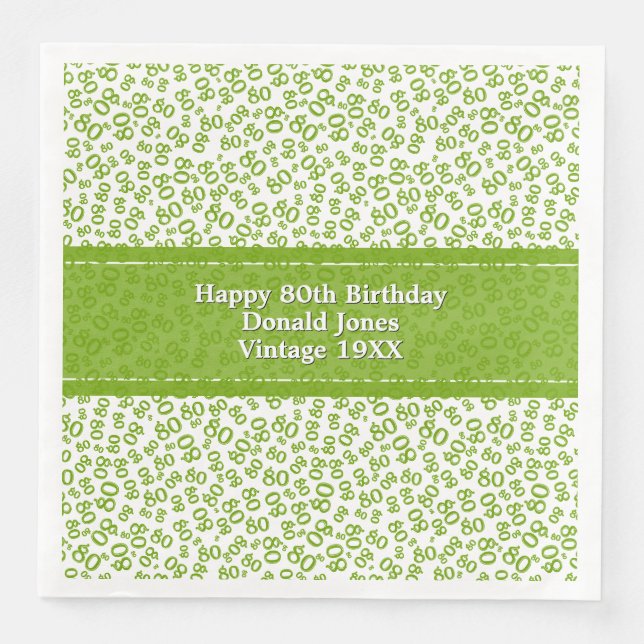 80th Birthday Modern Number Pattern Green/White Napkin (Front)