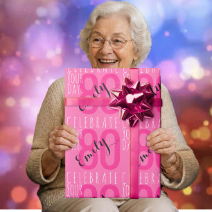 80th Birthday Modern Pink Typography Wrapping Paper