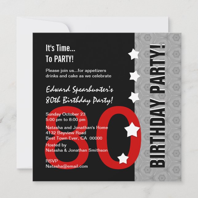 80th Birthday Modern Red Silver Black Funny D845F Invitation (Front)