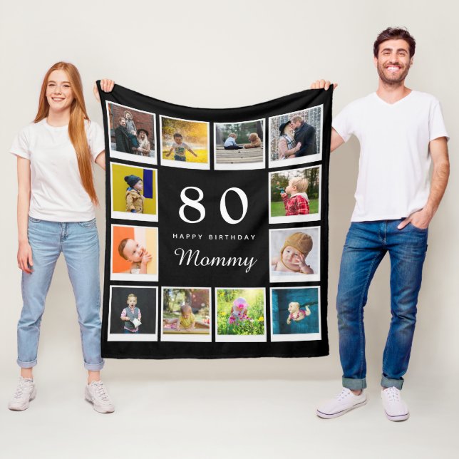 80th Birthday Mommy Photo Collage Template Black Fleece Blanket (In Situ)