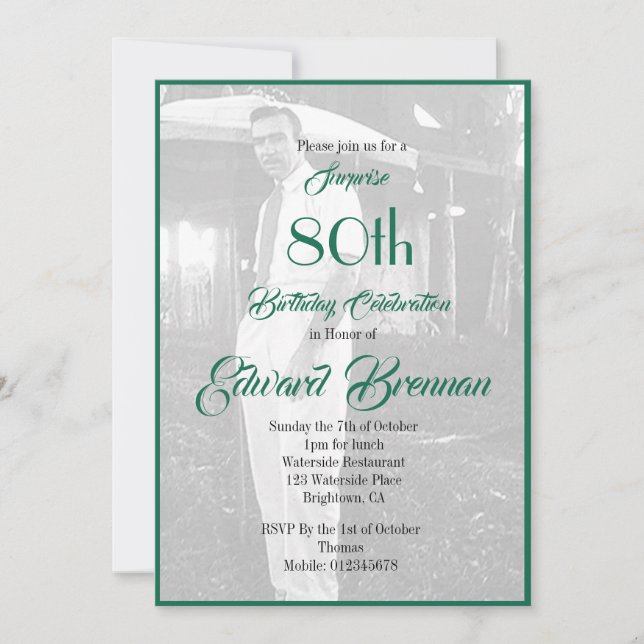 80th Birthday Monogram Elegant Green Frame Photo  Invitation (Front)