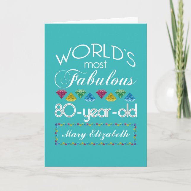 80th Birthday Most Fabulous Colourful Gem Turquois Card (Front)