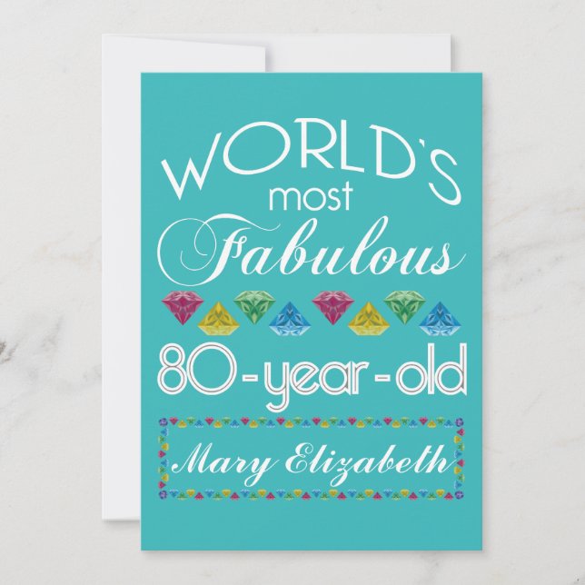 80th Birthday Most Fabulous Colourful Gem Turquois Invitation (Front)