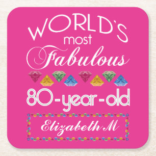 80th Birthday Most Fabulous Colourful Gems Pink Square Paper Coaster