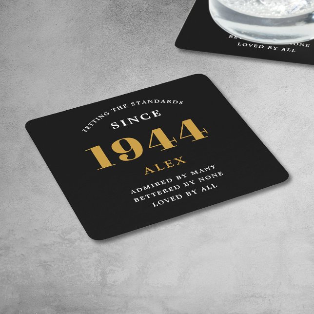 80th Birthday Name 1944 Black Gold Elegant Chic Square Paper Coaster (Premium 80th Birthday Black and Gold Personalized Paper Coasters - Celebration Elegance)