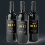 80th Birthday Name 1945 Black Gold Elegant Chic<br><div class="desc">1945 Vintage 80th Birthday Black & Gold Elegant Wine Label. Celebrate your milestone with our exclusive birthday wine label. The meticulously designed label with stunning black and gold hues effortlessly enhances the visual appeal of your favourite wine. The year prominently featured on the label, adds a nostalgic throwback to the...</div>