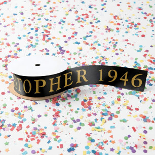 80th Birthday Name 1946 Black Gold Elegant Chic Satin Ribbon
