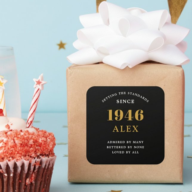 80th Birthday Name 1946 Black Gold Elegant Chic Square Sticker (Born 1946 sticker on a wrapped gift.)