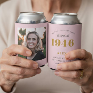 80th Birthday Name 1946 Chic Pink Grey Photo Can Cooler