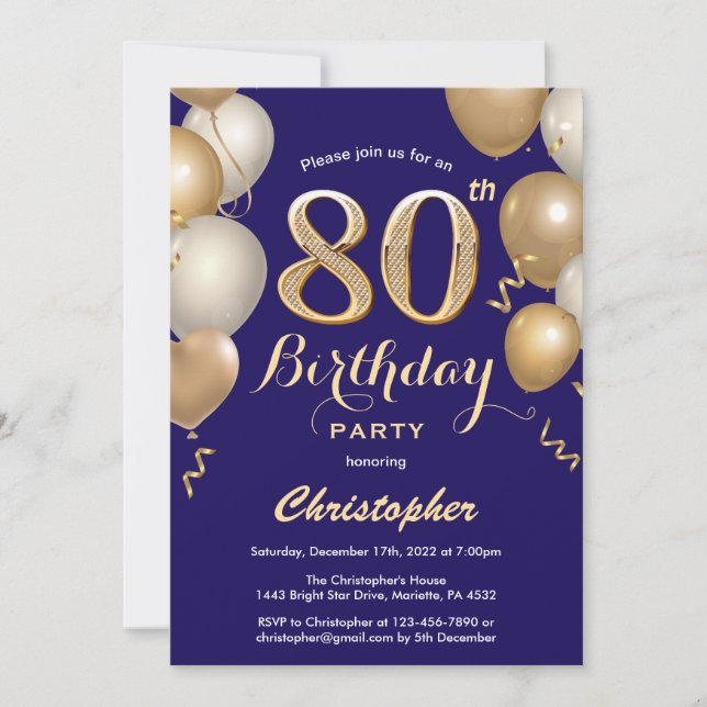 80th Birthday Navy Blue and Gold Balloons Confetti Invitation (Front)