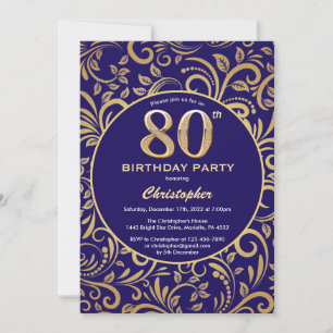 80th Birthday Navy Blue and Gold Floral Pattern Invitation