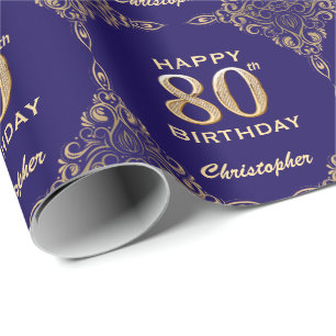 80th Birthday Navy Blue and Gold Glitter Frame Wrapping Paper
