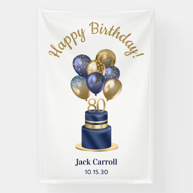 80th Birthday Navy Blue Balloon Cake Banner (Vertical)