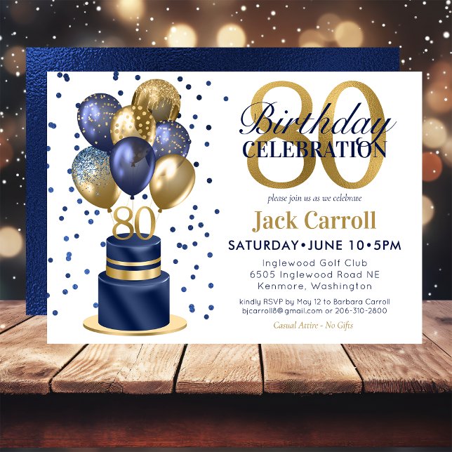 80th Birthday Navy Blue Balloon Cake Invitation (Creator Uploaded)