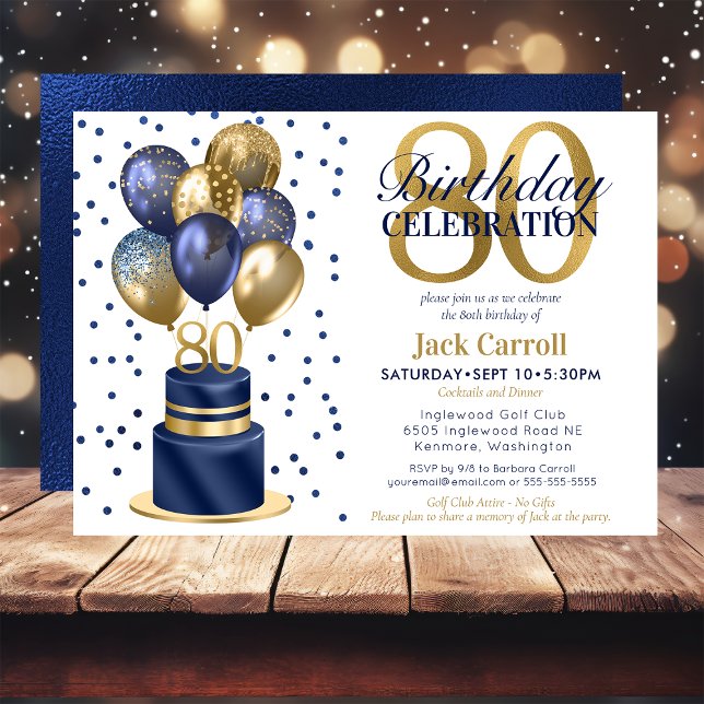 80th Birthday Navy Blue Balloon Cake Invitation (Creator Uploaded)