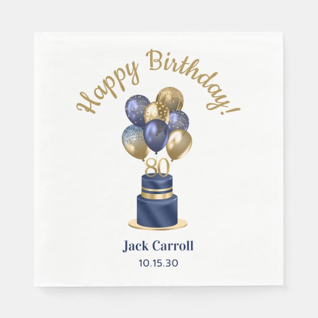 80th Birthday Navy Blue Balloon Cake Napkin (Front)
