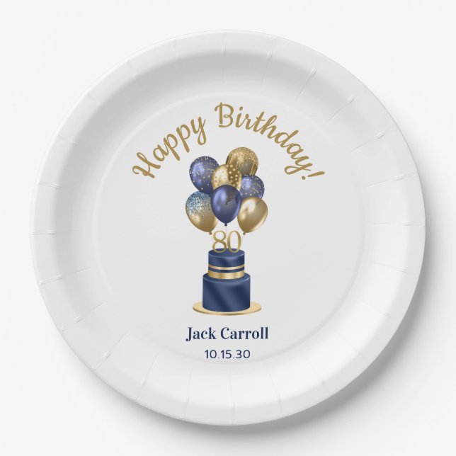 80th Birthday Navy Blue Balloon Cake Paper Plate (Front)