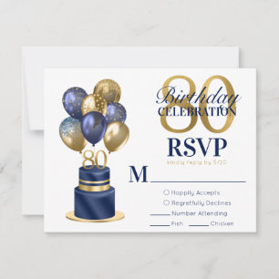 80th Birthday Navy Blue Balloon Cake RSVP Card