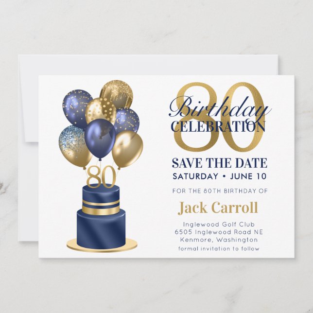 80th Birthday Navy Blue Balloon Cake Save The Date (Front)