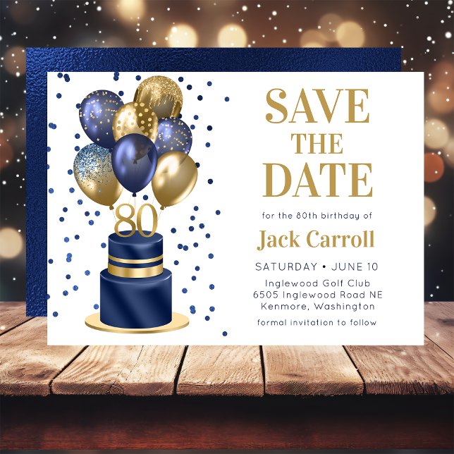 80th Birthday Navy Blue Balloon Cake Save The Date (Creator Uploaded)