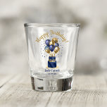 80th Birthday Navy Blue Balloon Cake Shot Glass<br><div class="desc">This modern 80th birthday party shot glass featuring a 2-layer navy blue and gold cake with navy blue and gold balloons, the number 80 in gold and the guest of honour's name and the party date would be perfect for celebrating your husband, brother, dad, uncle, grandfather, great grandfather, friend. They...</div>