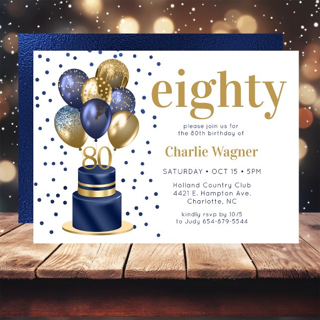 80th Birthday Navy Blue Cake Invitation (Creator Uploaded)