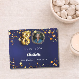80th Birthday navy blue gold stars photo Guest Book