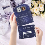 80th Birthday navy blue photo silver stars rsvp All In One Invitation<br><div class="desc">A navy blue background,  decorated with stars. The blue colour is uneven.  Personalize and add a photo,  name,  party details,  RSVP date,  return address and name.</div>