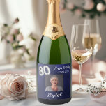 80th Birthday navy blue photo Sparkling Wine Label<br><div class="desc">A navy blue background. The blue colour is uneven. Personalize and add a date,  name and a photo.  Age number written with a faux silver looking balloon style font.</div>