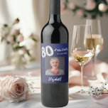 80th Birthday navy blue photo Wine Label<br><div class="desc">A navy blue background.  The blue colour is uneven. Personalize and add a date,  name and a photo.  Age number written with a faux silver looking balloon style font.</div>