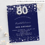 80th birthday navy blue silver budget invitation flyer<br><div class="desc">Please note that this invitation is on flyer paper and very thin. Envelopes are not included. For thicker invitations (same design) please visit our store. A modern, stylish and glamourous invitation for a 80th birthday party. A navy blue background, decorated with faux silver stars. Personalize and add your name and...</div>