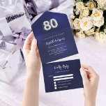 80th Birthday navy blue silver rsvp All In One Invitation<br><div class="desc">A navy blue background. The blue colour is uneven.  Personalize and add name,  party details,  RSVP date,  return address and name.  Number 80 is written with a balloon style font in faux silver.</div>