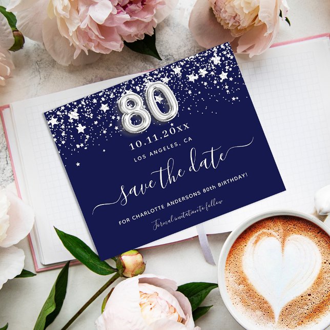 80th birthday navy blue silver save date budget flyer (Creator Uploaded)