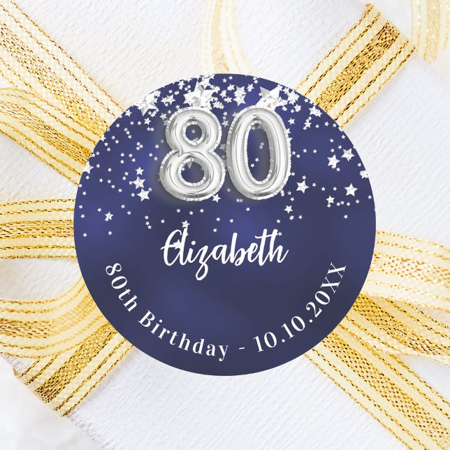 80th birthday navy blue silver stars classic round sticker (Creator Uploaded)