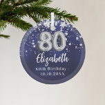 80th birthday navy blue silver stars glass ornament<br><div class="desc">A navy blue background colour with faux silver stars. The blue colour is uneven.  Add your name,  text/date</div>