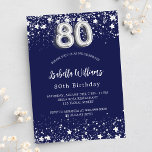 80th birthday navy blue silver stars invitation postcard<br><div class="desc">A modern,  stylish and glamourous invitation for a 80th birthday party.  A navy blue background,  decorated with faux silver stars. Personalize and add your name and party details.  Number 80 is written with a balloon style font.</div>