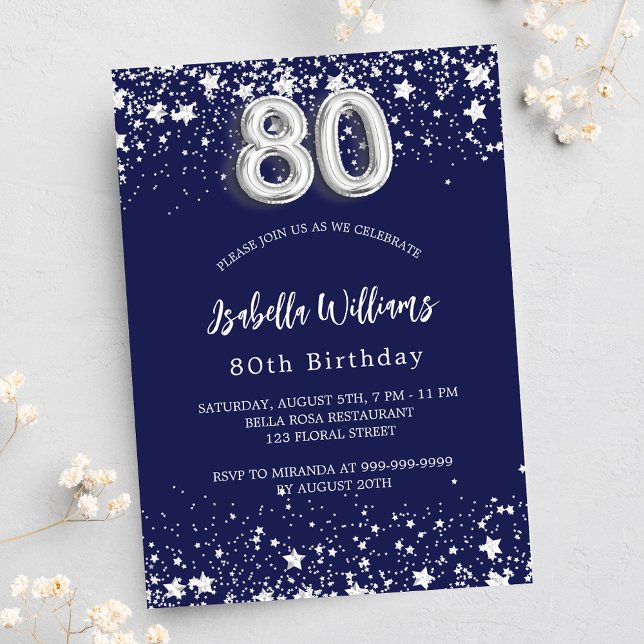 80th birthday navy blue silver stars invitation postcard (Creator Uploaded)
