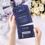80th Birthday navy blue silver stars rsvp All In One Invitation<br><div class="desc">A navy blue background,  decorated with stars. The blue colour is uneven.  Personalize and add name,  party details,  RSVP date,  return address and name. Eighty is written with a heart.</div>