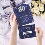 80th Birthday navy blue silver stars rsvp All In One Invitation<br><div class="desc">A navy blue background,  decorated with stars. The blue colour is uneven.  Personalize and add name,  party details,  RSVP date,  return address and name.  Number 80 is written with a balloon style font.</div>