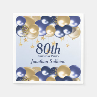 80th Birthday Navy Gold Balloons Party Napkin