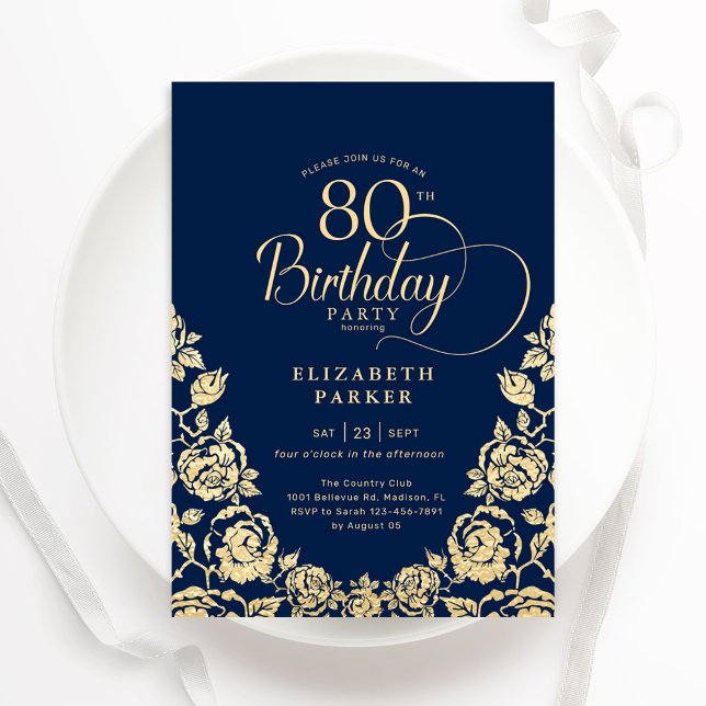 80th Birthday Navy Gold Roses Invitation (Creator Uploaded)