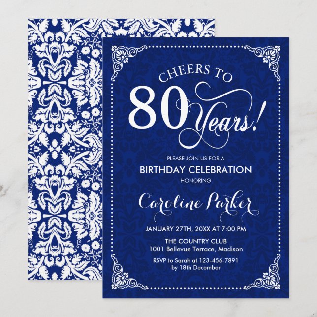 80th Birthday - Navy White Damask Invitation (Front/Back)